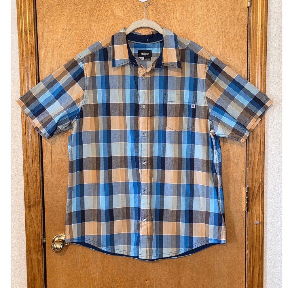 Marmot Mens XL Blue Tan Plaid Short Sleeve Button Down Shirt Outdoor Cotton